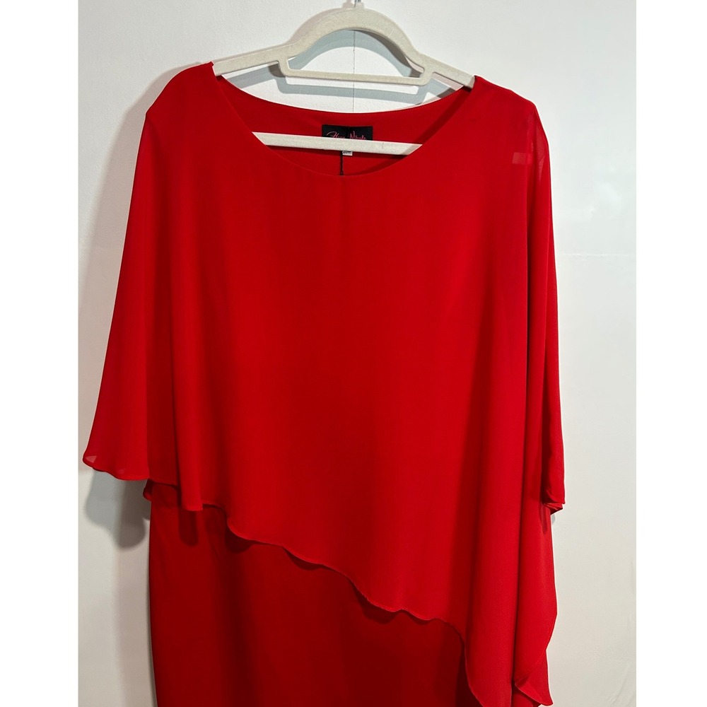 Womens Tomato Red Dress 20W Cape Sleeve Dress Chiffon Overlay Asymmetric Holiday - Picture 2 of 7